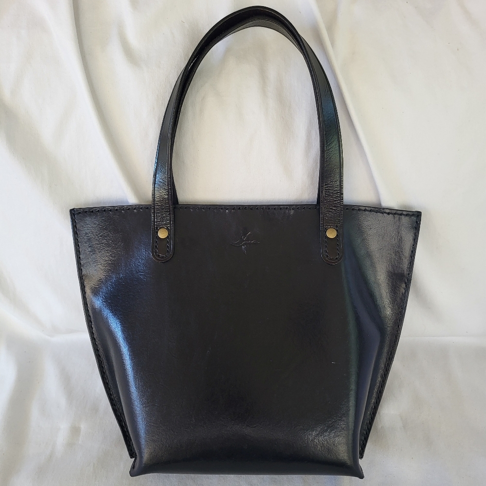 Vintage Black Leather Bucket Bag Mini Tote Dual Top Handles